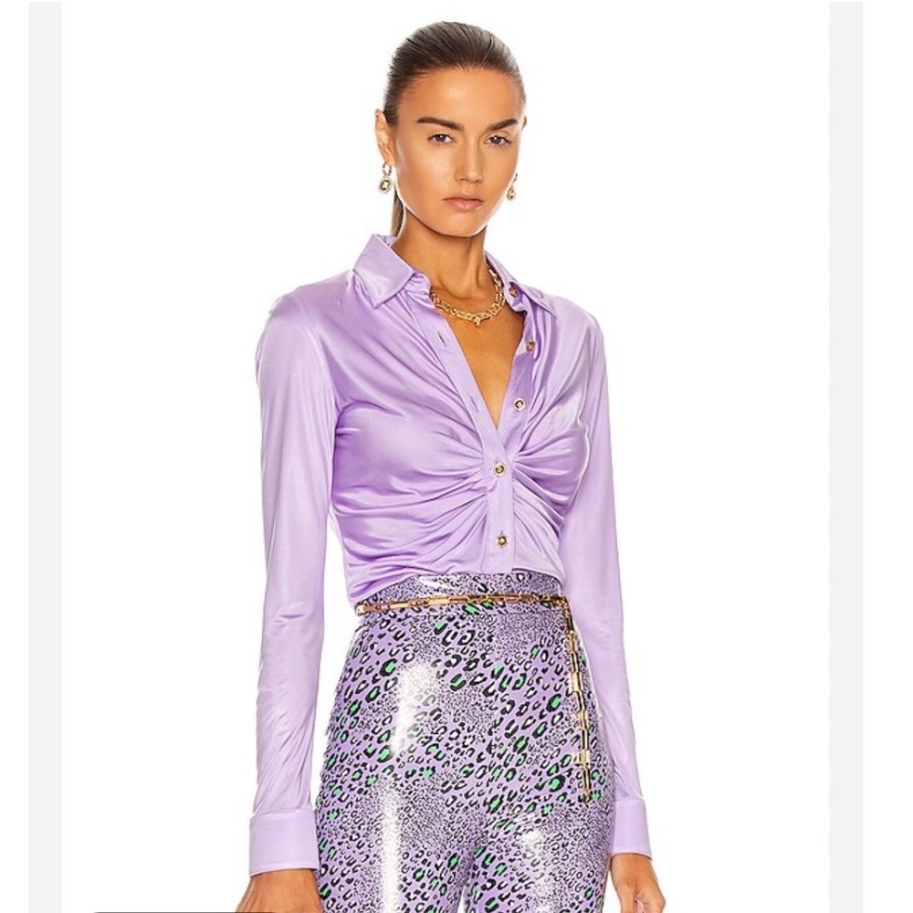 NWT Versace Ruched Jersey Shirt 38 Purple Medusa Button Blouse A88619